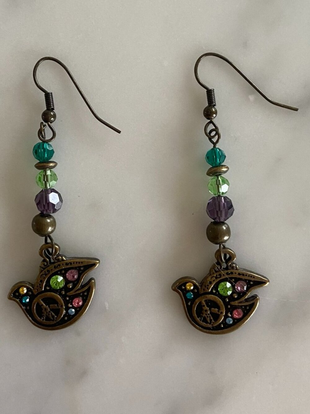 Bird Peace Sign Beaded/Rhinestone Earrings